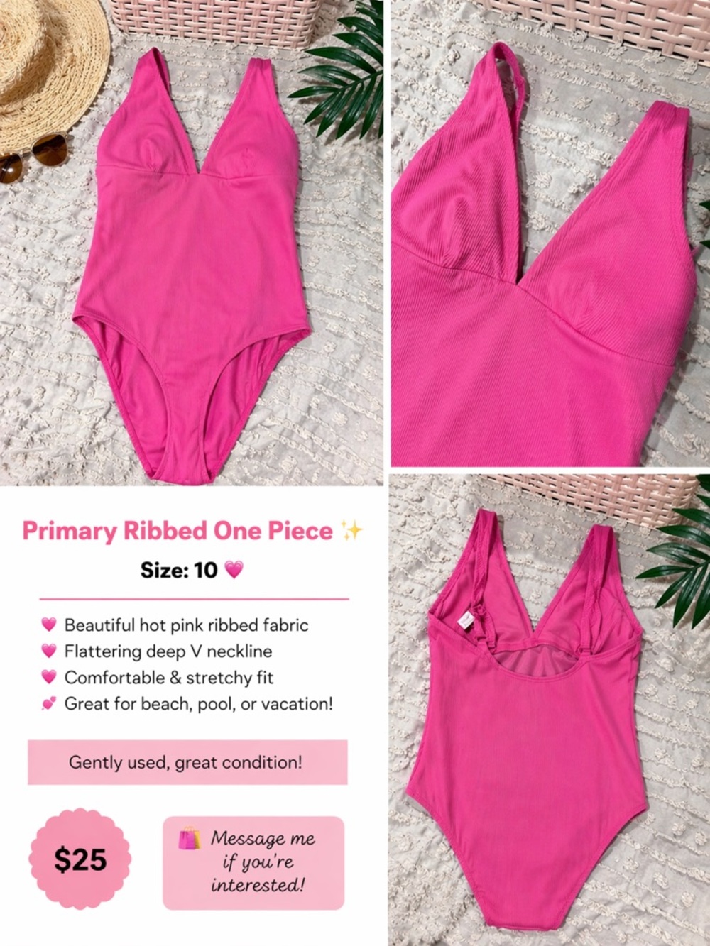 Primary Hot Pink Ribbed One Piece – Size 10 💖
